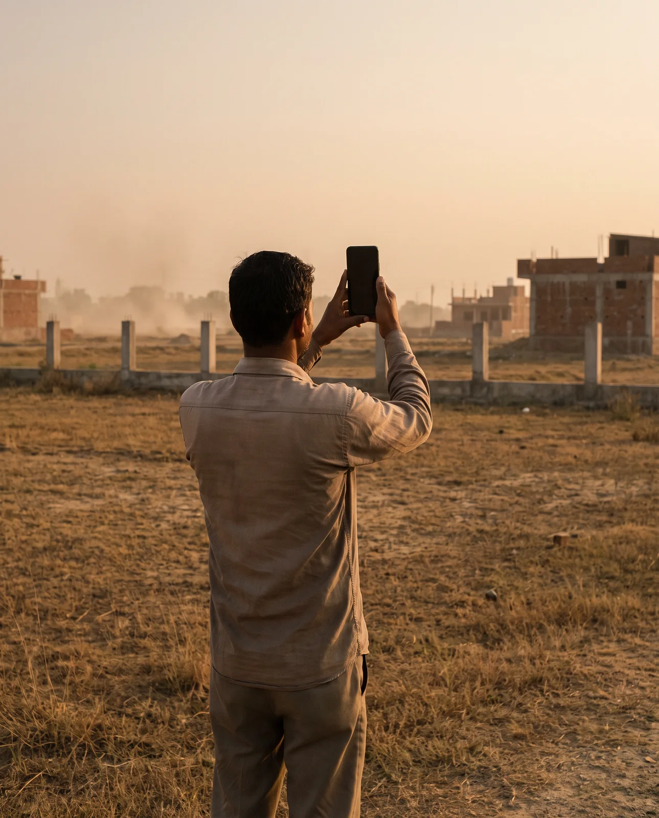 A man seen from behind holds up a phone to photograph an empty fenced plot at sunset, with half-built houses beyond.