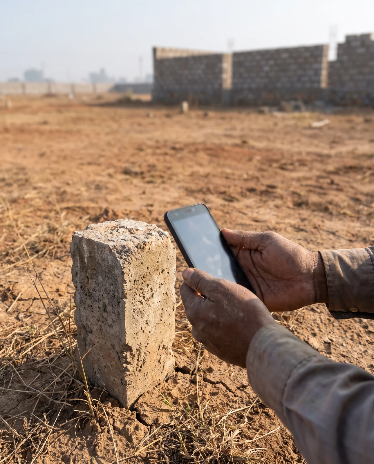 Two hands hold a phone over a rough concrete boundary stone in a dry field, with a brick wall out of focus behind.