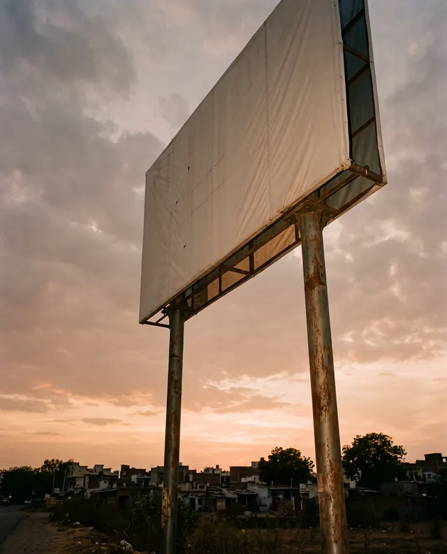 An empty white hoarding on two rusted steel posts stands over a colony of low houses as the sky turns orange at dusk.