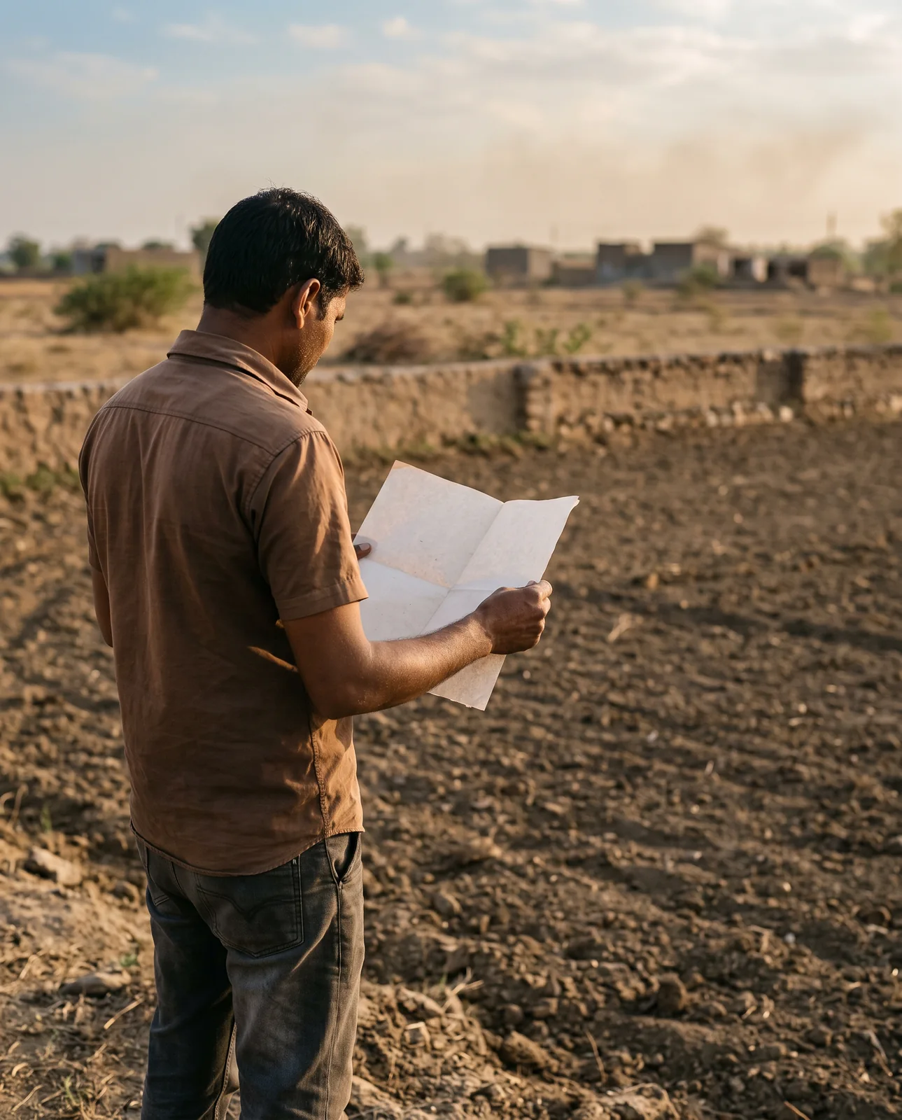 A man in a brown shirt stands on bare, freshly turned earth and reads a folded sheet of paper, with a stone boundary wall and a village behind him.