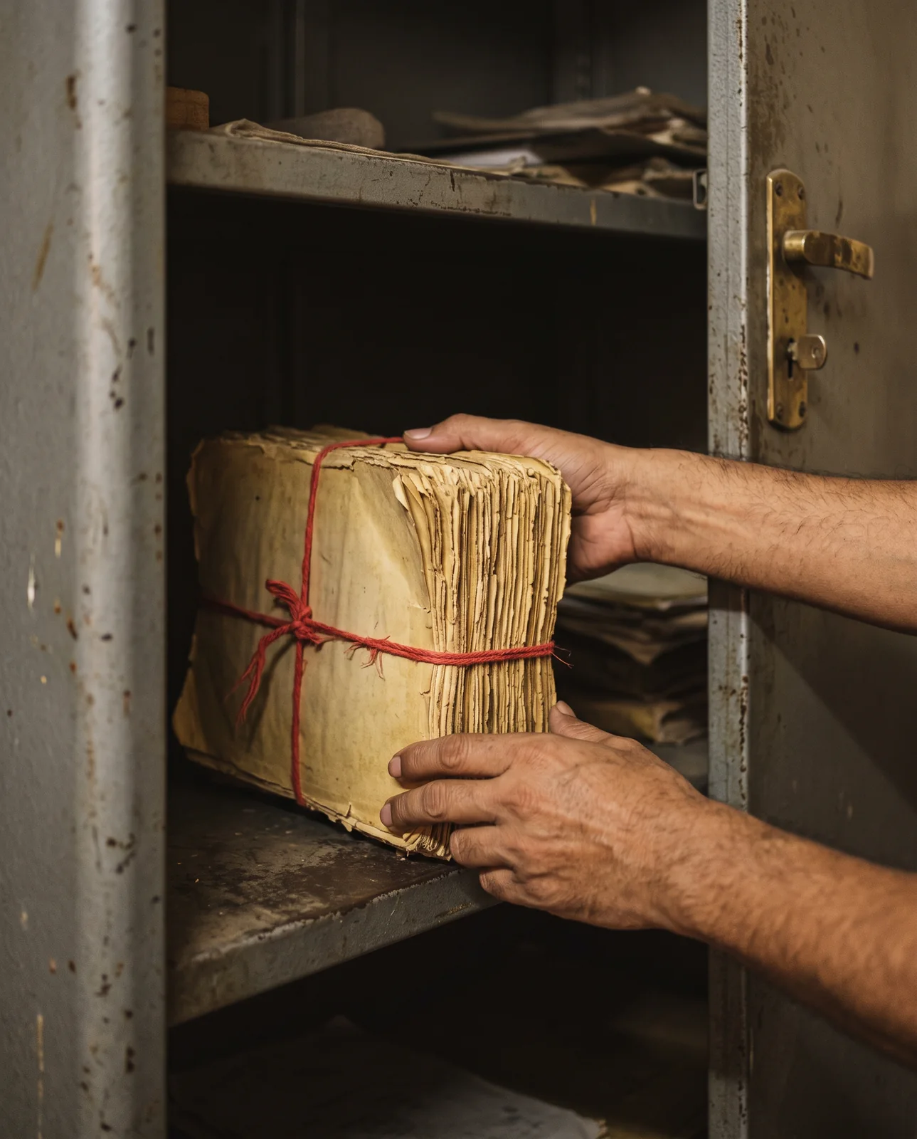 Two hands lift a thick bundle of old papers tied with red string from the shelf of a steel cupboard