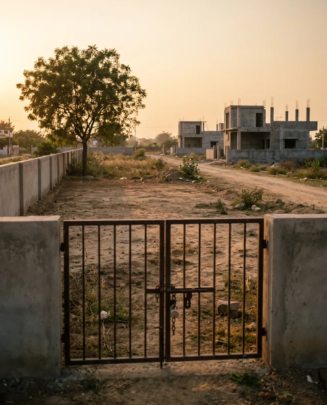 A padlocked iron gate between concrete pillars opens onto an empty walled plot, with a neem tree and half-built houses beyond at sunset