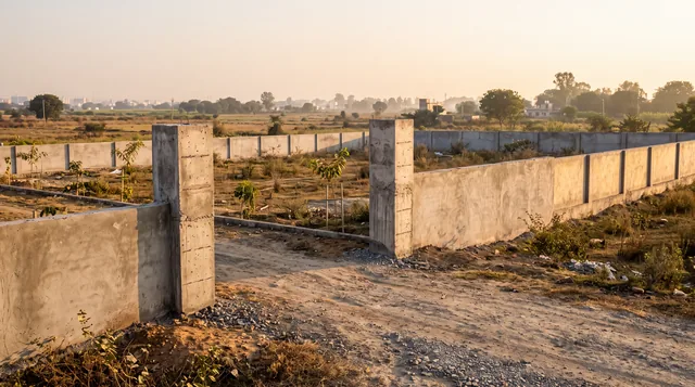 Two tall concrete gate pillars and a fresh boundary wall enclose an empty plotted field at sunrise, a few staked saplings inside and the city faint on the horizon.