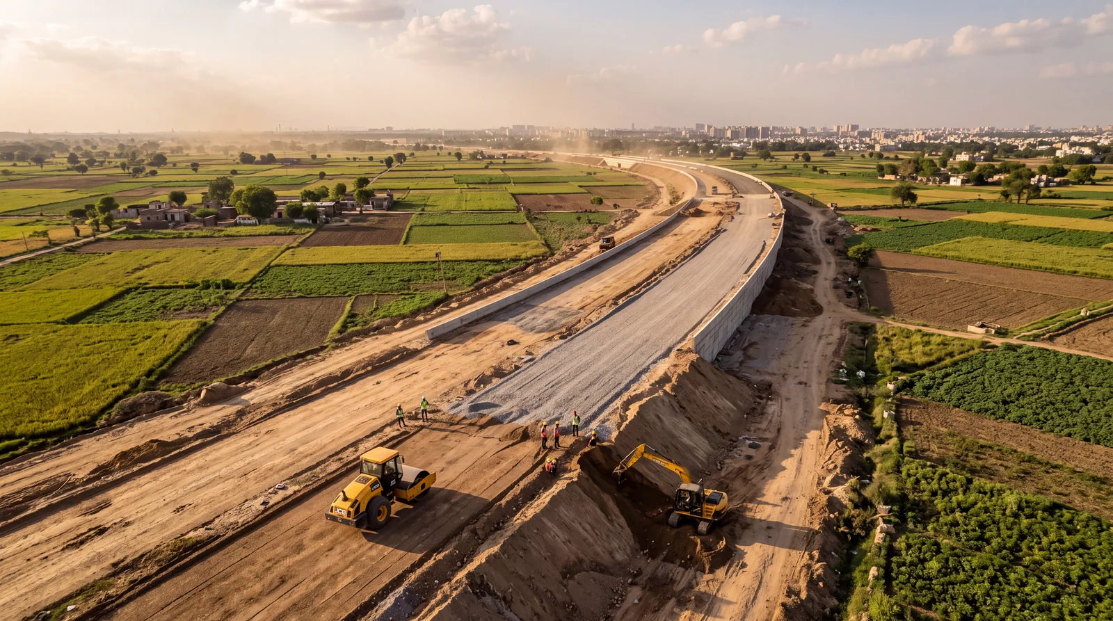 Seen from above, a new road embankment curves through green farmland towards a city skyline, with a roller and an excavator at work on the raw earth.
