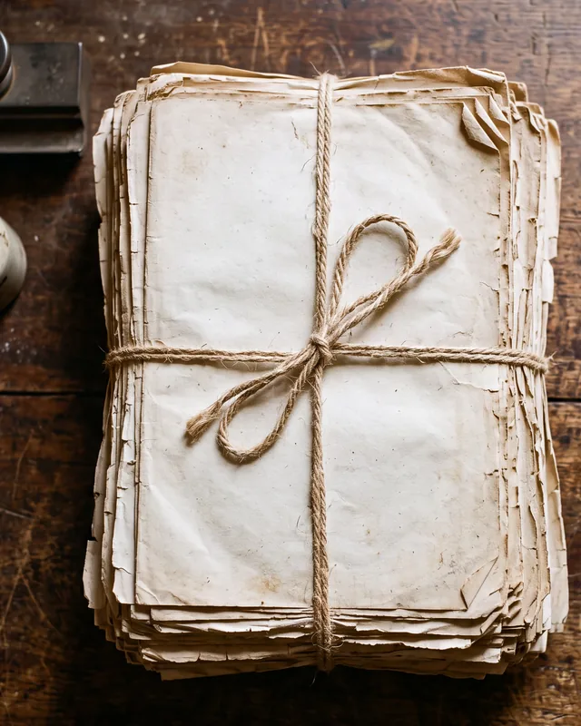 A thick stack of old, worn papers tied with jute twine lies on a dark wooden table