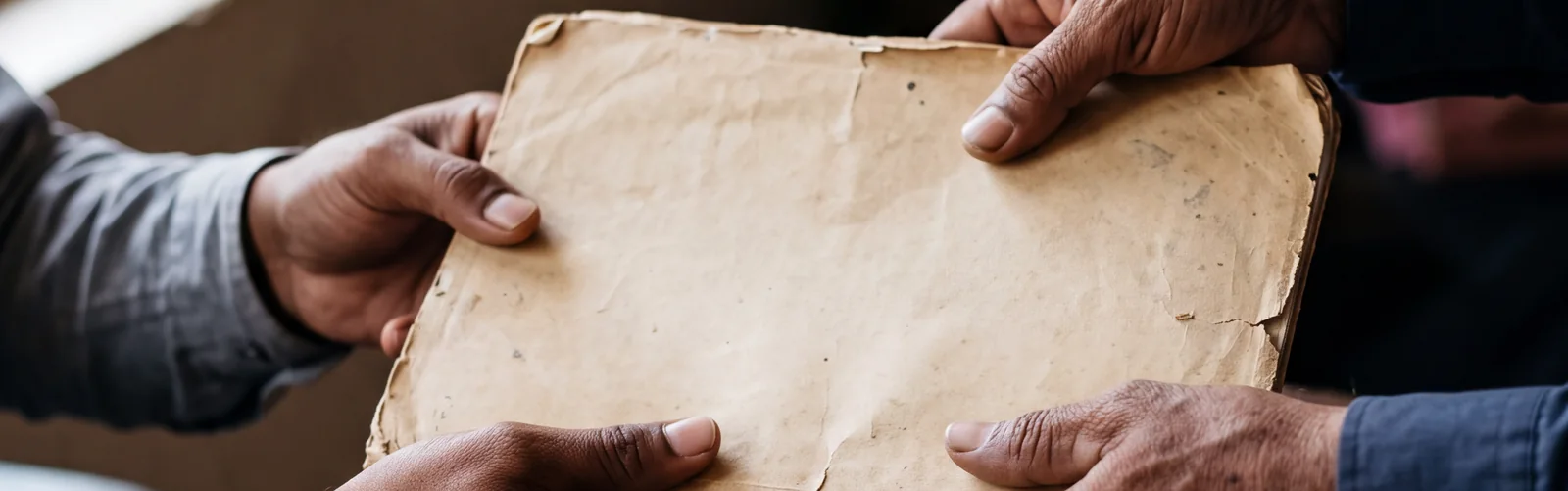 Two pairs of hands hold an old, creased paper folder between them across a table