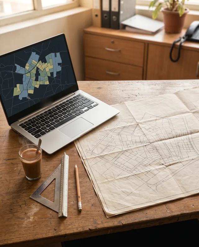 A laptop showing a map of coloured colony boundaries stands on a wooden desk beside an unfolded paper layout plan, a glass of chai, a set square and a pencil.