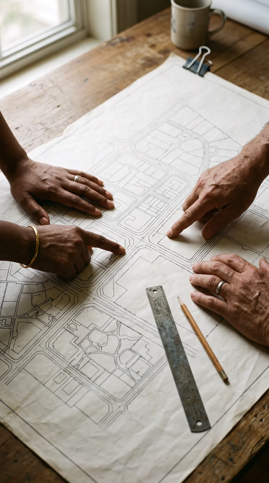Three people's hands point at different places on a large printed layout plan spread across a wooden table, with a steel ruler and a pencil lying on it.