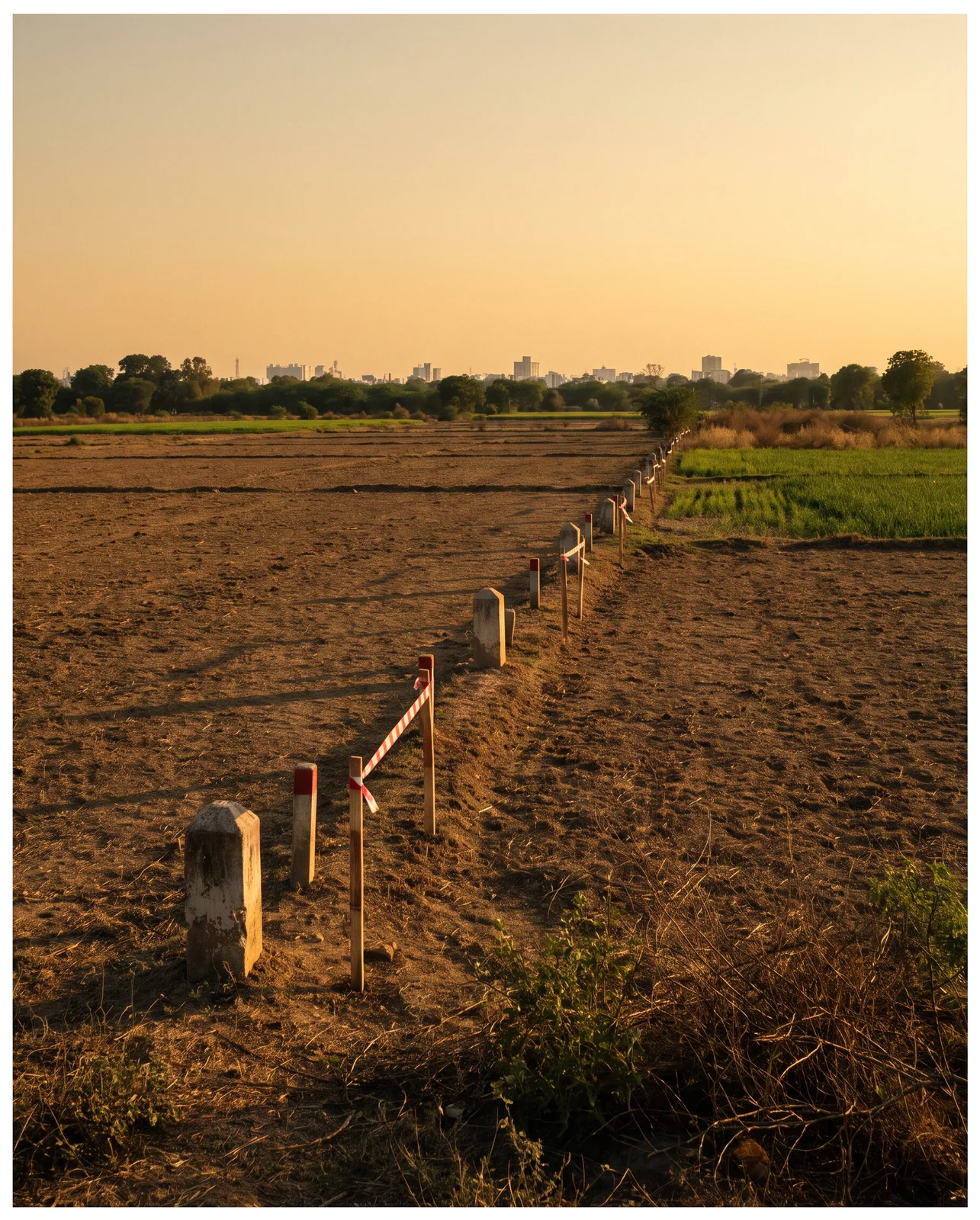 A line of concrete boundary stones and wooden pegs joined by red and white tape runs across a bare ploughed field at dusk, with a city skyline on the horizon.