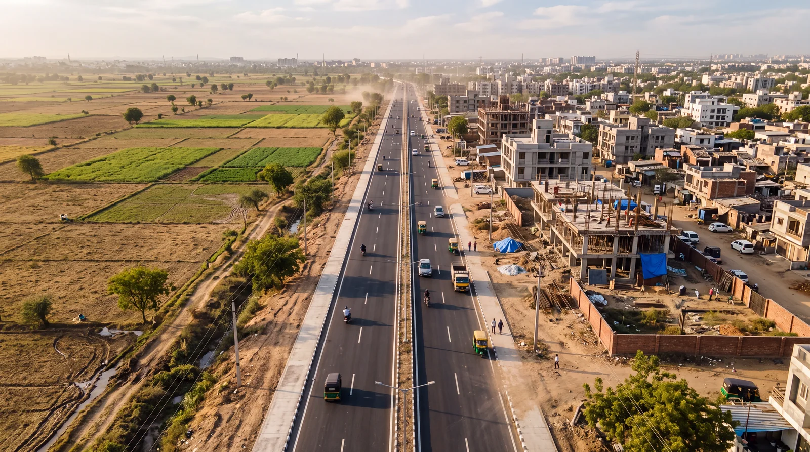 Aerial view of a new divided road with open farmland on one side and houses under construction on the other