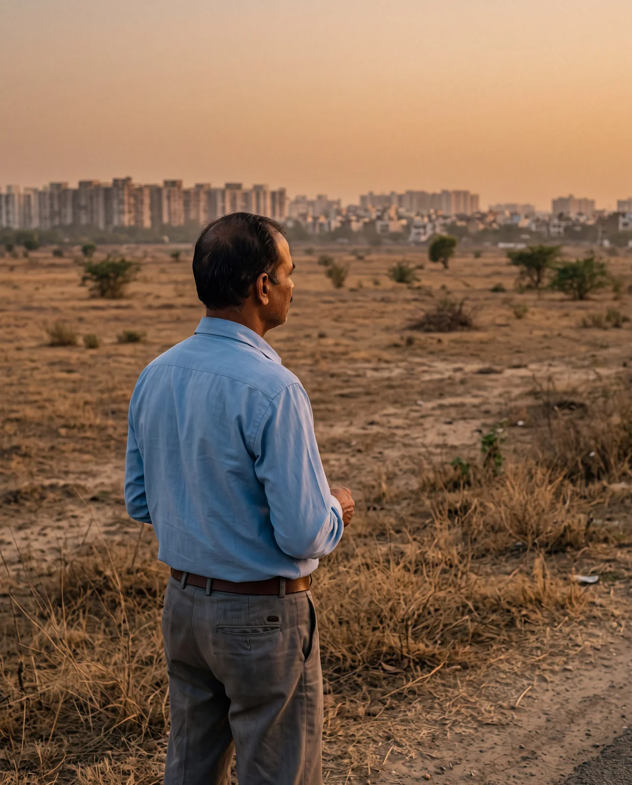 A man in a blue shirt stands in dry scrubland at dusk, looking towards a distant line of apartment towers