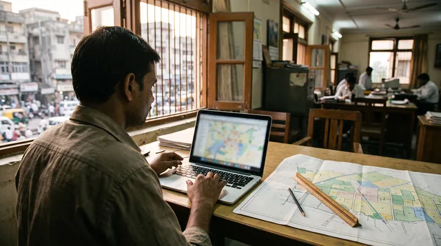 A man at a desk by an open window works on a laptop showing a coloured zoning map, with a printed land-use plan, a wooden scale and a pencil beside him.