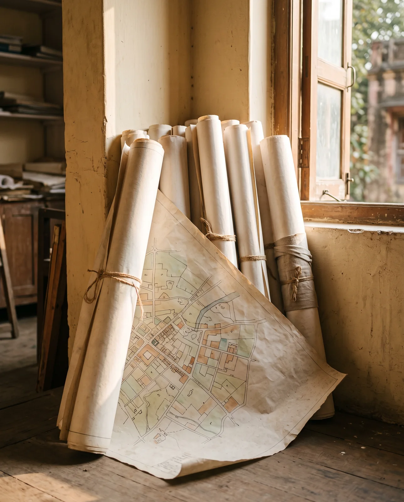 A bundle of rolled paper plans tied with string leans against a wall by a sunlit window, one sheet unrolled to show a hand-coloured land-use map.