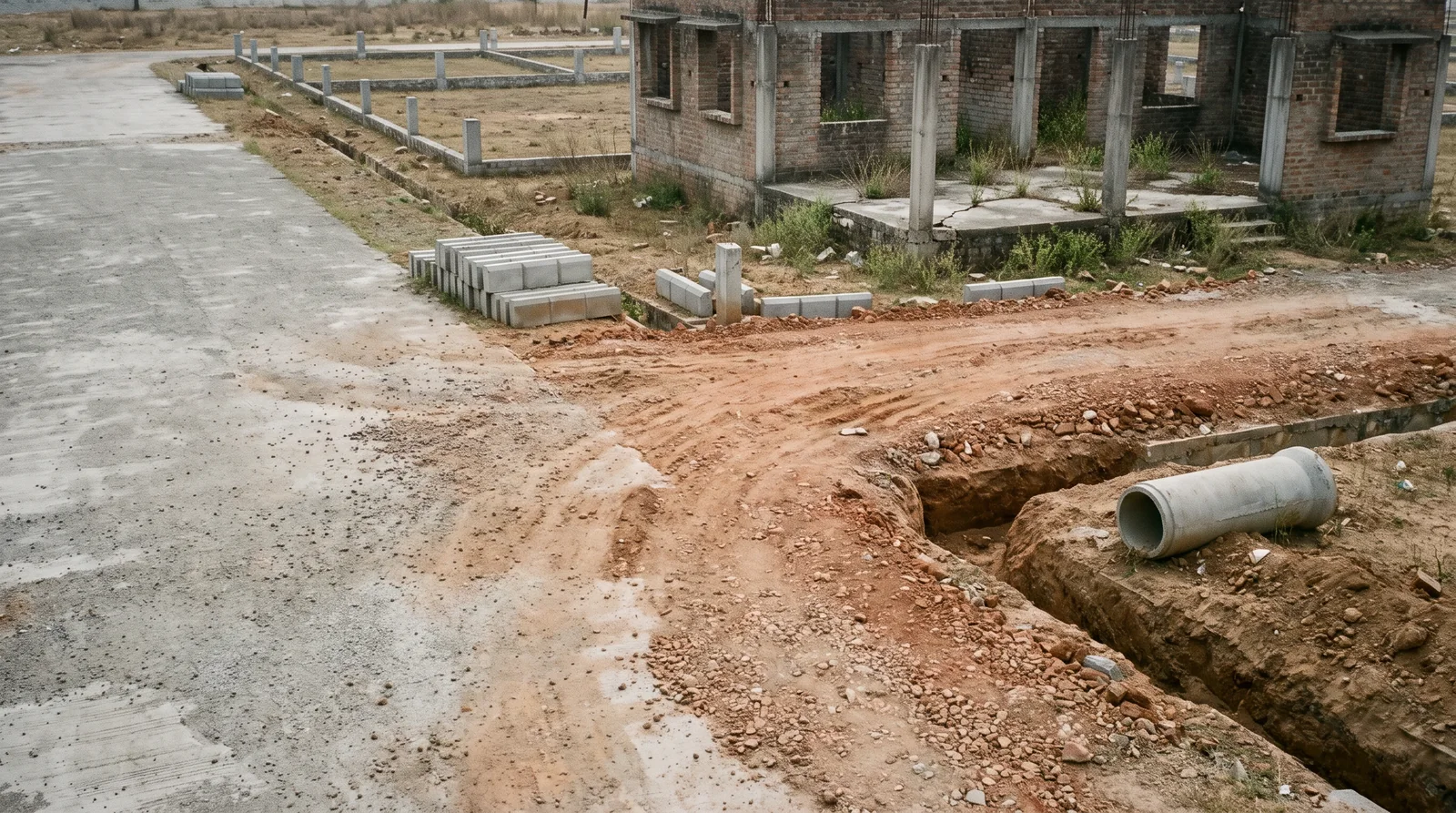 A dirt track ends at an open trench with a loose concrete pipe beside it, kerb stones stacked nearby and a brick shell of a building behind