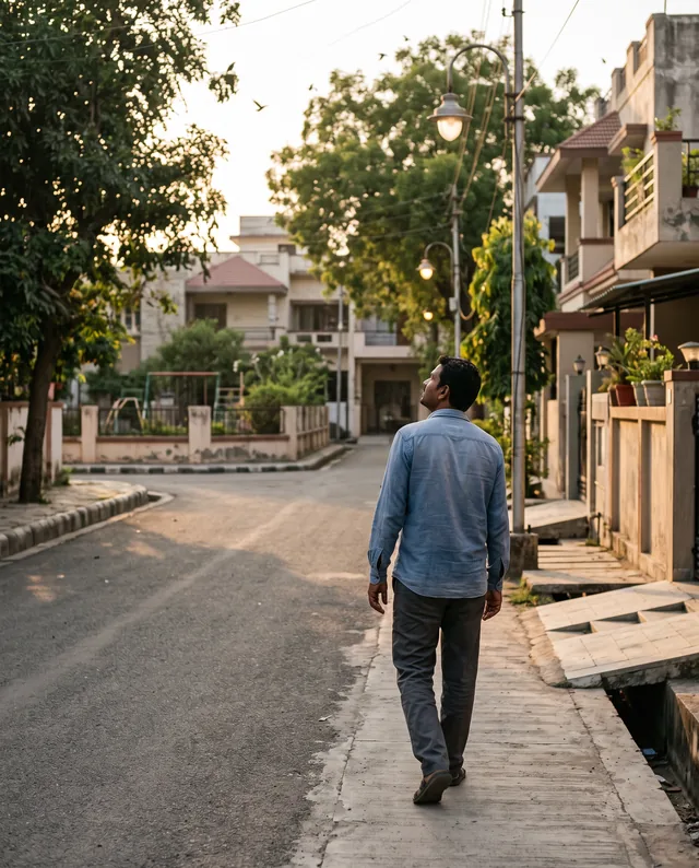 A man in a blue shirt walks along the footpath of an established colony at dusk, street lamps lit above him and a small park behind