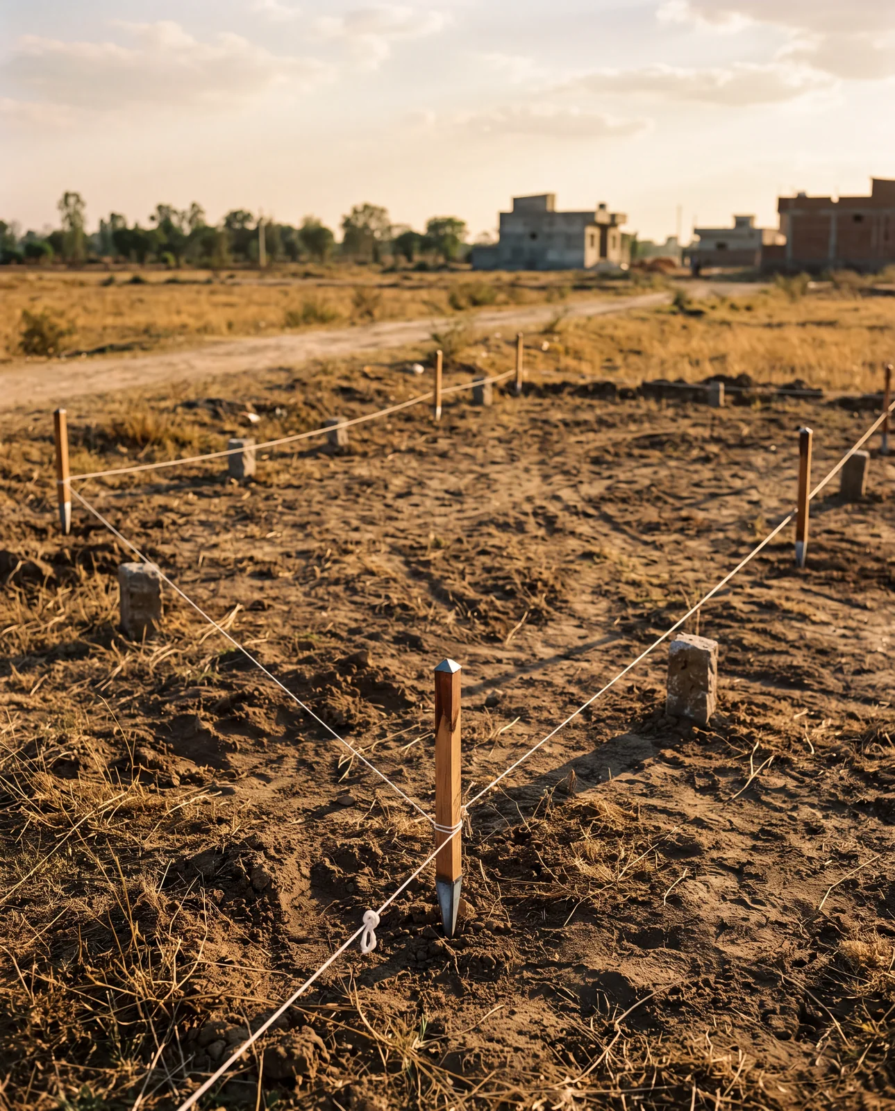 Wooden pegs and string marking out a plot on bare earth, with unfinished houses and a dirt track behind.