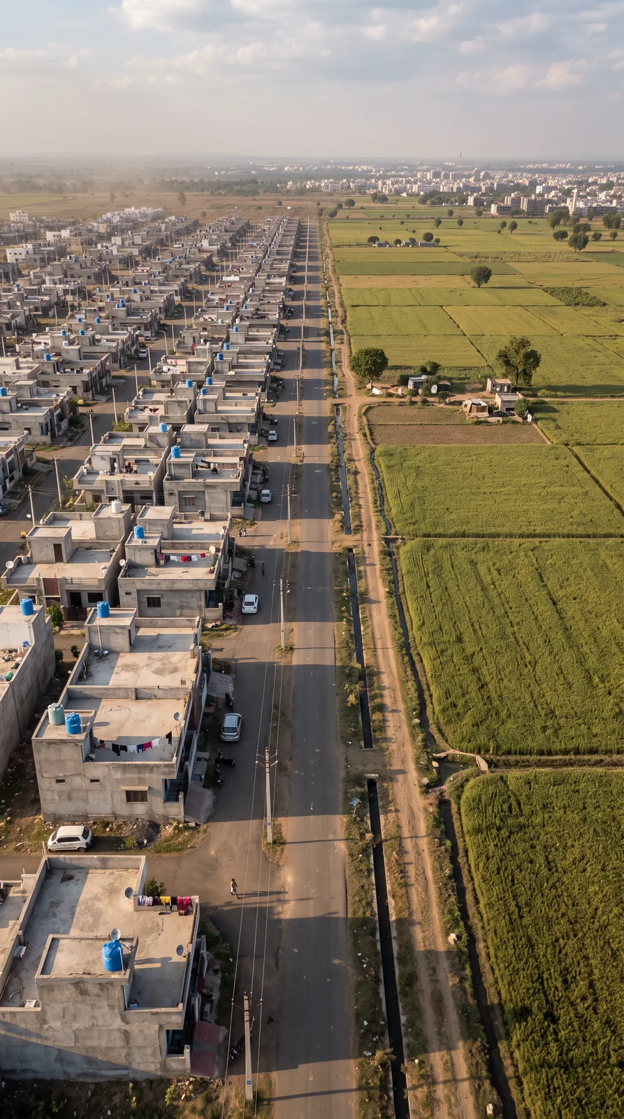Rows of flat-roofed houses with blue water tanks along a straight road, with green fields on the other side and a city skyline on the horizon.