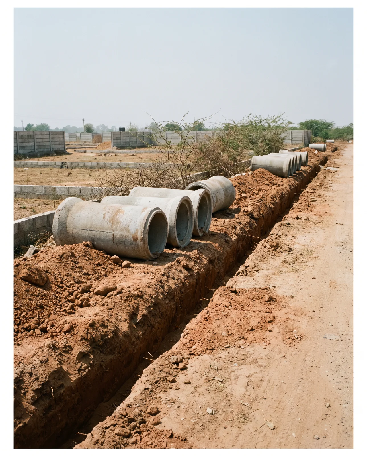 Concrete sewer pipes lie on a bank of red earth beside a freshly dug trench that runs along the edge of empty walled plots.