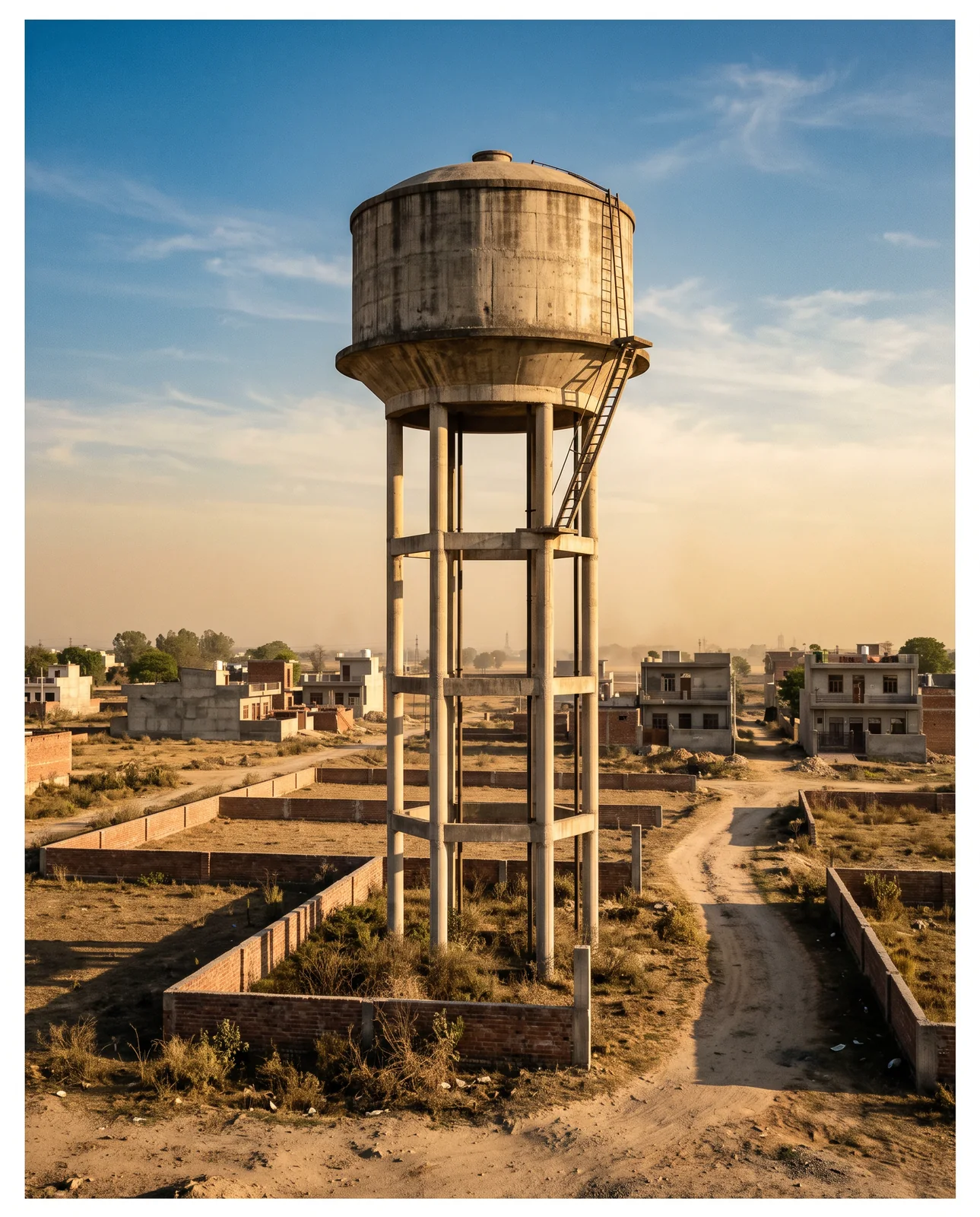 A concrete overhead water tank on tall legs rises above rows of empty walled plots and a handful of finished houses, with a dirt road curving past.