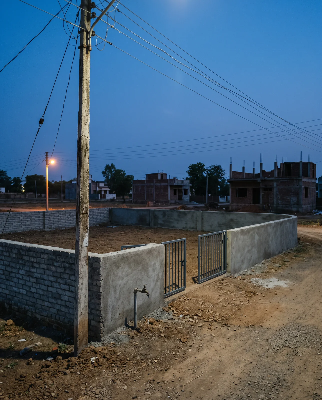 A freshly plastered boundary wall with a small gate and a water tap, on a dirt road at dusk under an electricity pole