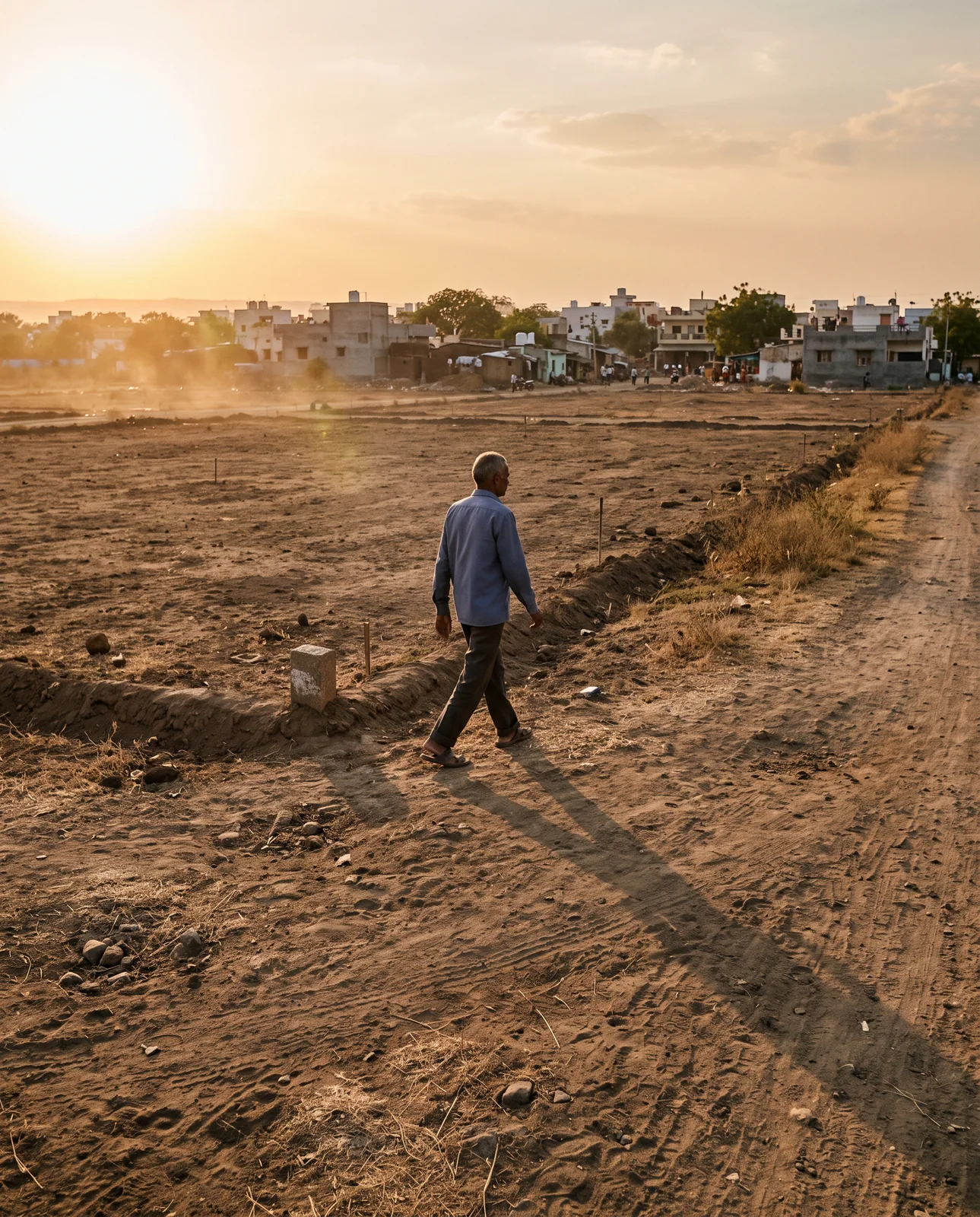 A man in a blue shirt walking alone across an empty plotted field at sunset, past a boundary stone