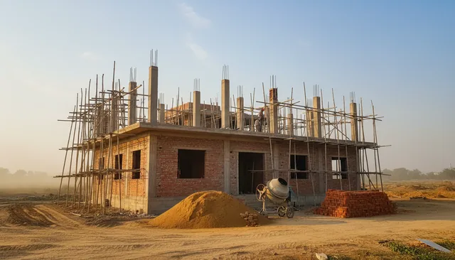 A two-storey brick house under construction on open ground, wrapped in bamboo scaffolding, with a heap of sand, a cement mixer and a stack of red bricks in front of it.