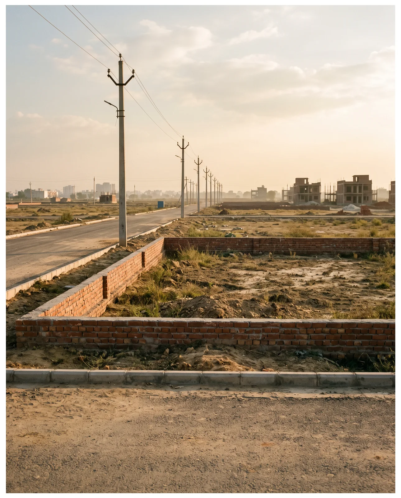 A low red-brick boundary wall around an empty plot of dry earth at sunset, a kerbed road and a line of electricity poles beside it, half-built houses on the horizon.