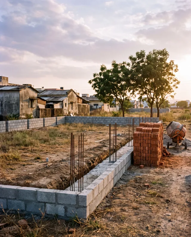 A low block-wall foundation with steel bars rising from it, a stack of red bricks and a mixer beside it, at the edge of a colony at dusk