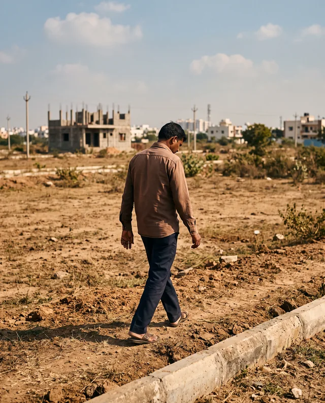 A man in a brown shirt and sandals walks slowly across a bare, rubble-strewn plot beside a concrete kerb, head down, with a half-built house and the city's outskirts behind him.