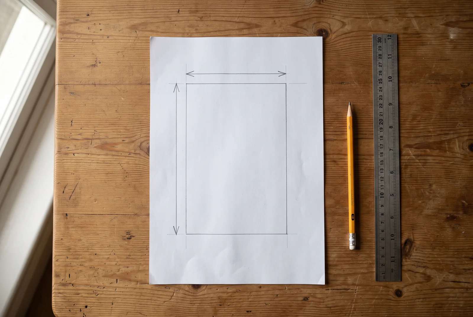 A pencil drawing of a rectangle with dimension arrows along two sides, on a sheet of paper laid on a wooden table beside a pencil and a steel ruler.