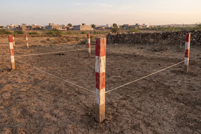 Red-and-white painted wooden pegs joined by taut string mark out a rectangular plot on dry, cracked earth, with a stone wall and a village skyline behind.