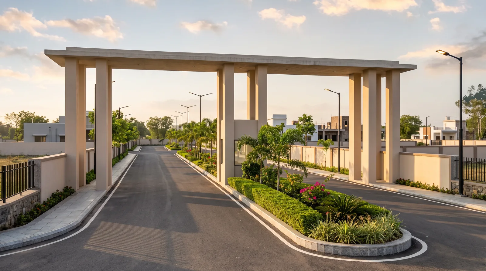 A wide entrance gateway of pale concrete columns spans a fresh tarmac road, with a planted median of palms and flowering shrubs and houses still under construction beyond it.