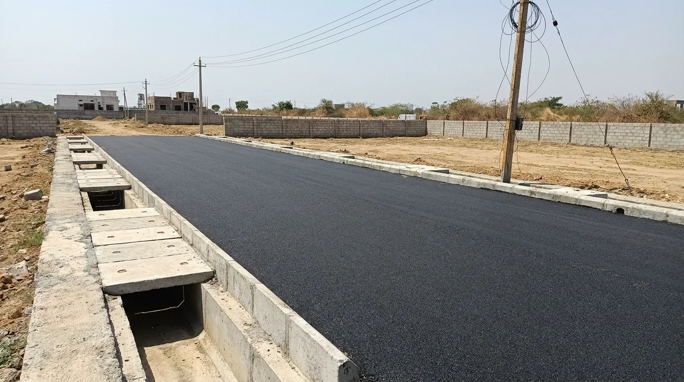 A freshly laid black asphalt road with a covered concrete drain along its edge, electricity poles beside it and a boundary wall in the distance.