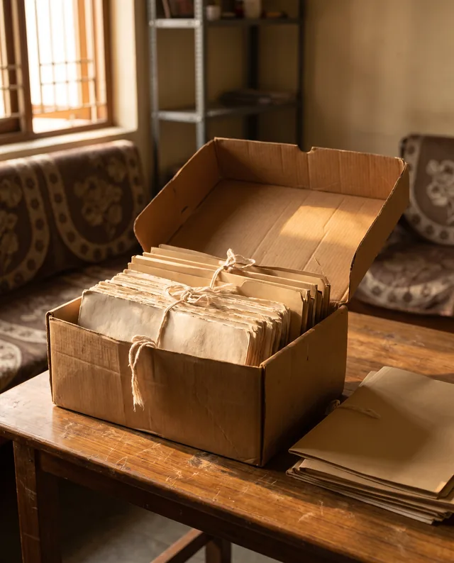 An open cardboard box of old papers tied with string, on a wooden table in a sunlit living room