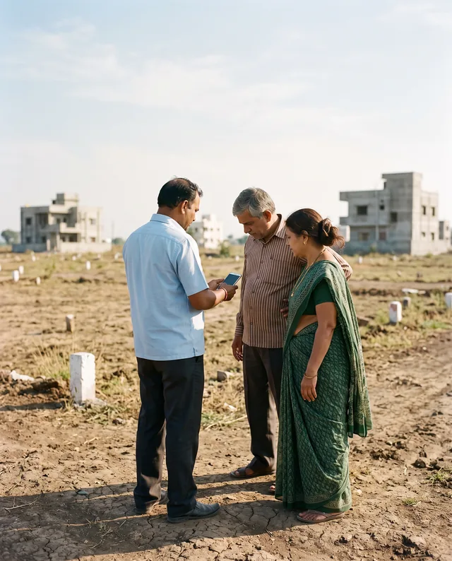 An agent in a pale blue shirt shows something on his phone to an older couple standing on an empty plotted site