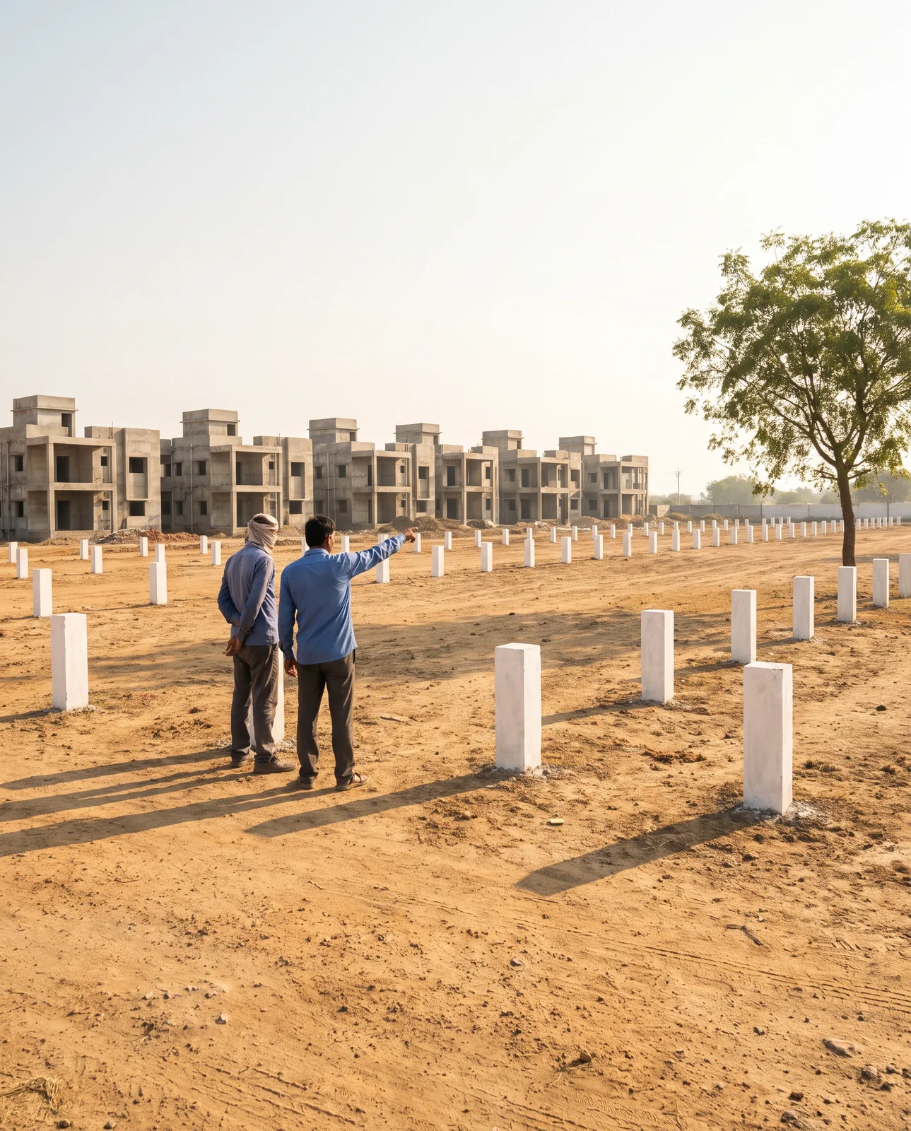 Two men stand among rows of white boundary stones on bare ground, one pointing towards a row of half-built houses