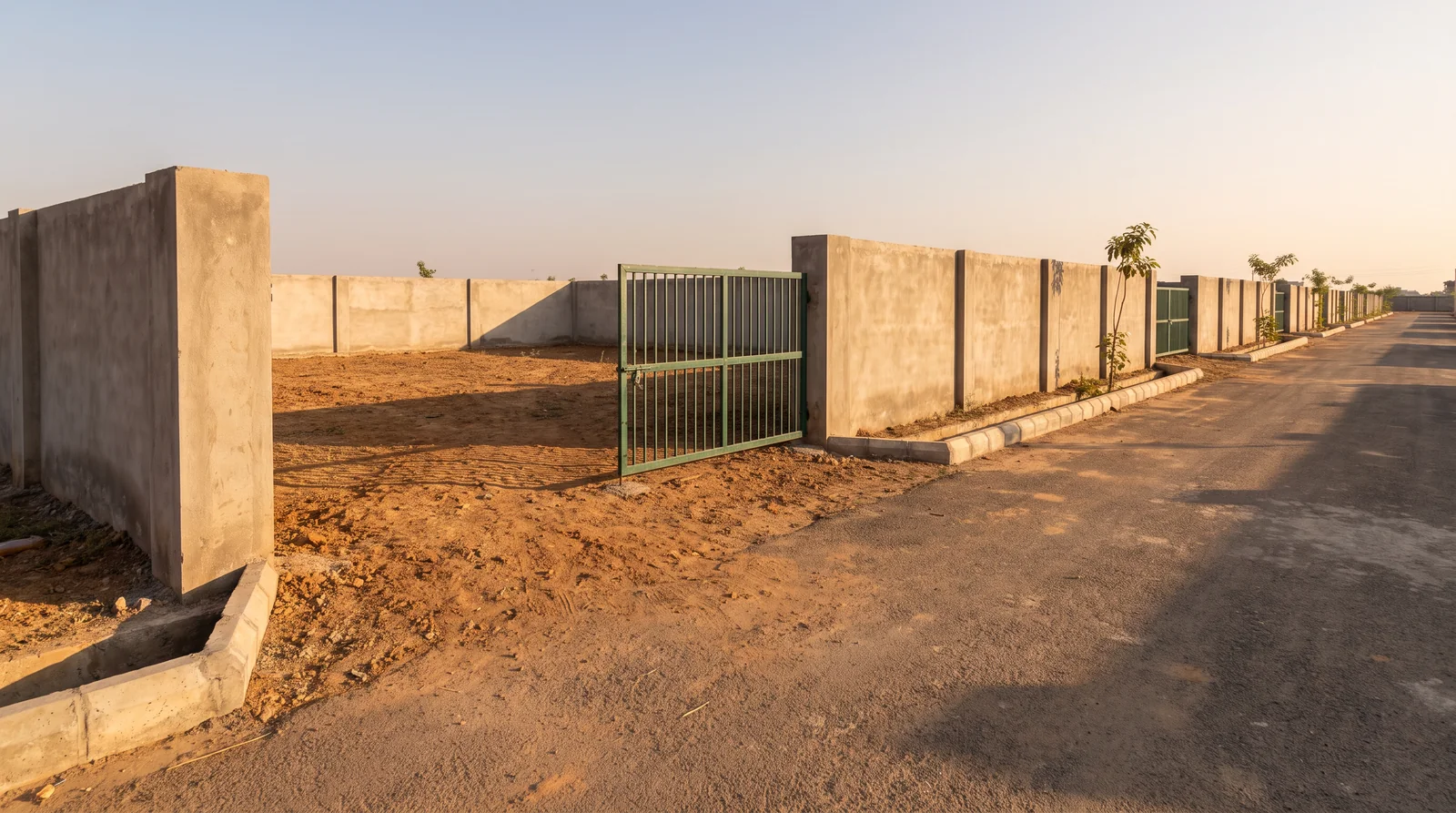An empty plot enclosed by plastered compound walls and a green iron gate, beside a paved colony road in low sunlight.