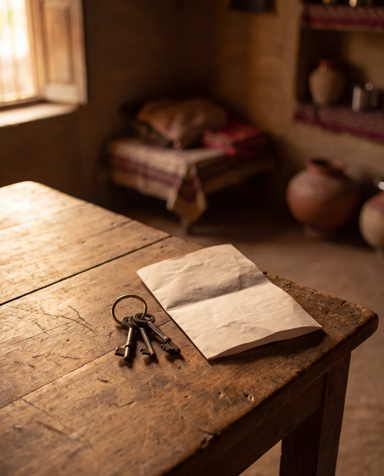 A ring of three old iron keys lies beside a folded sheet of paper on a scarred wooden table in a sunlit room.