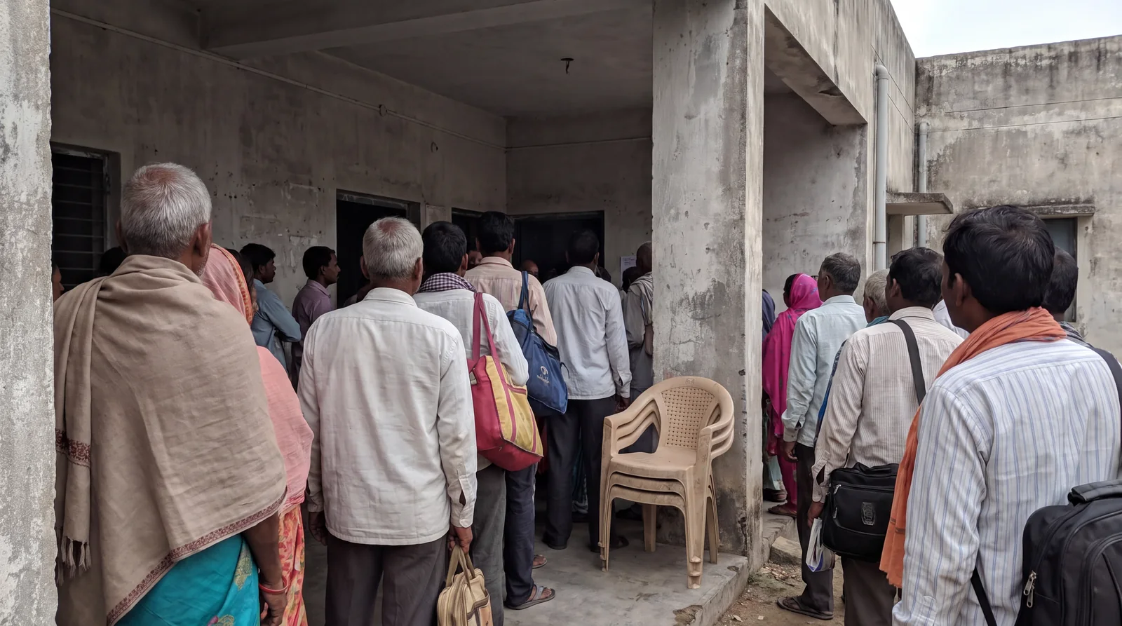 A queue of men and women with bags and files waits outside the open doorway of a bare concrete government office, plastic chairs stacked beside the entrance.