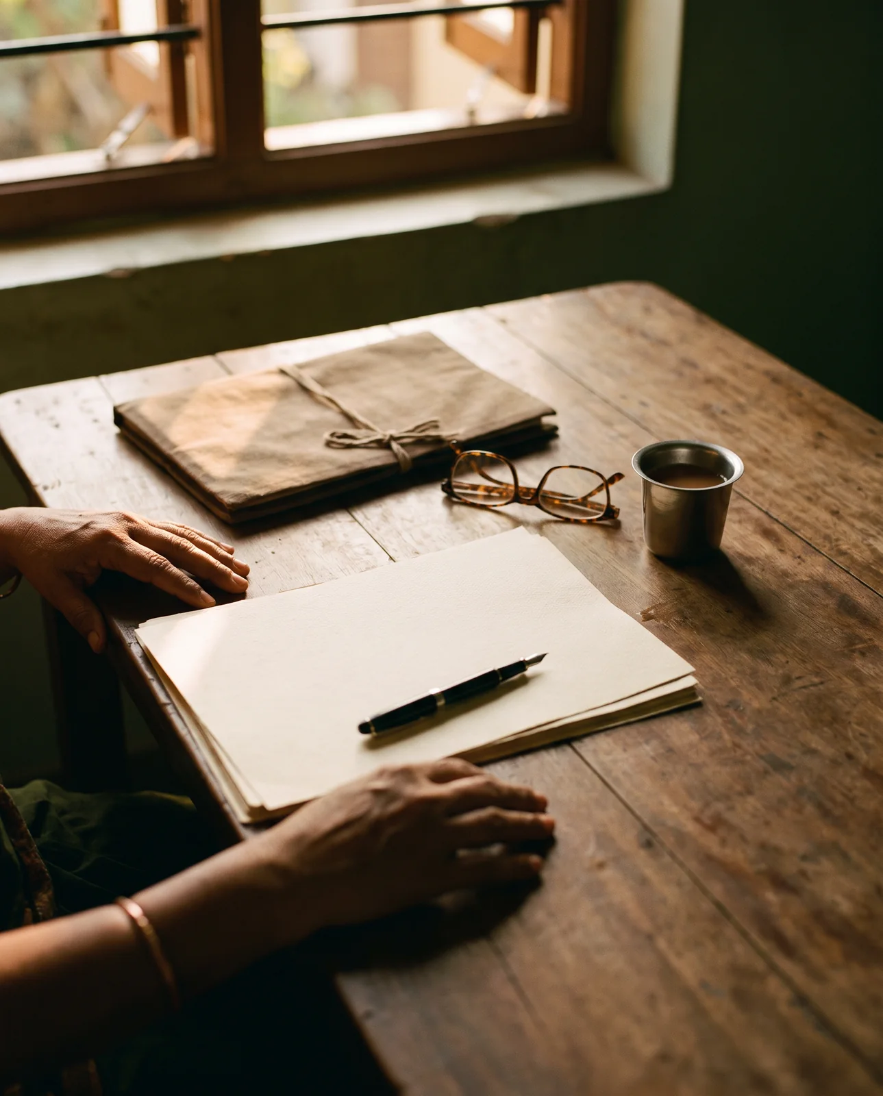 A woman's hands rest on a table beside a sheaf of blank paper with a fountain pen on it, a cloth-wrapped file, a pair of glasses and a steel tumbler of chai.