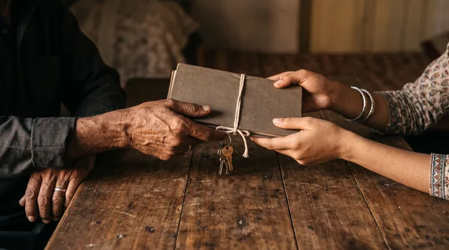 An elderly man's hands pass a bundle of documents tied with string and a ring of keys across a wooden table to a young woman's hands.