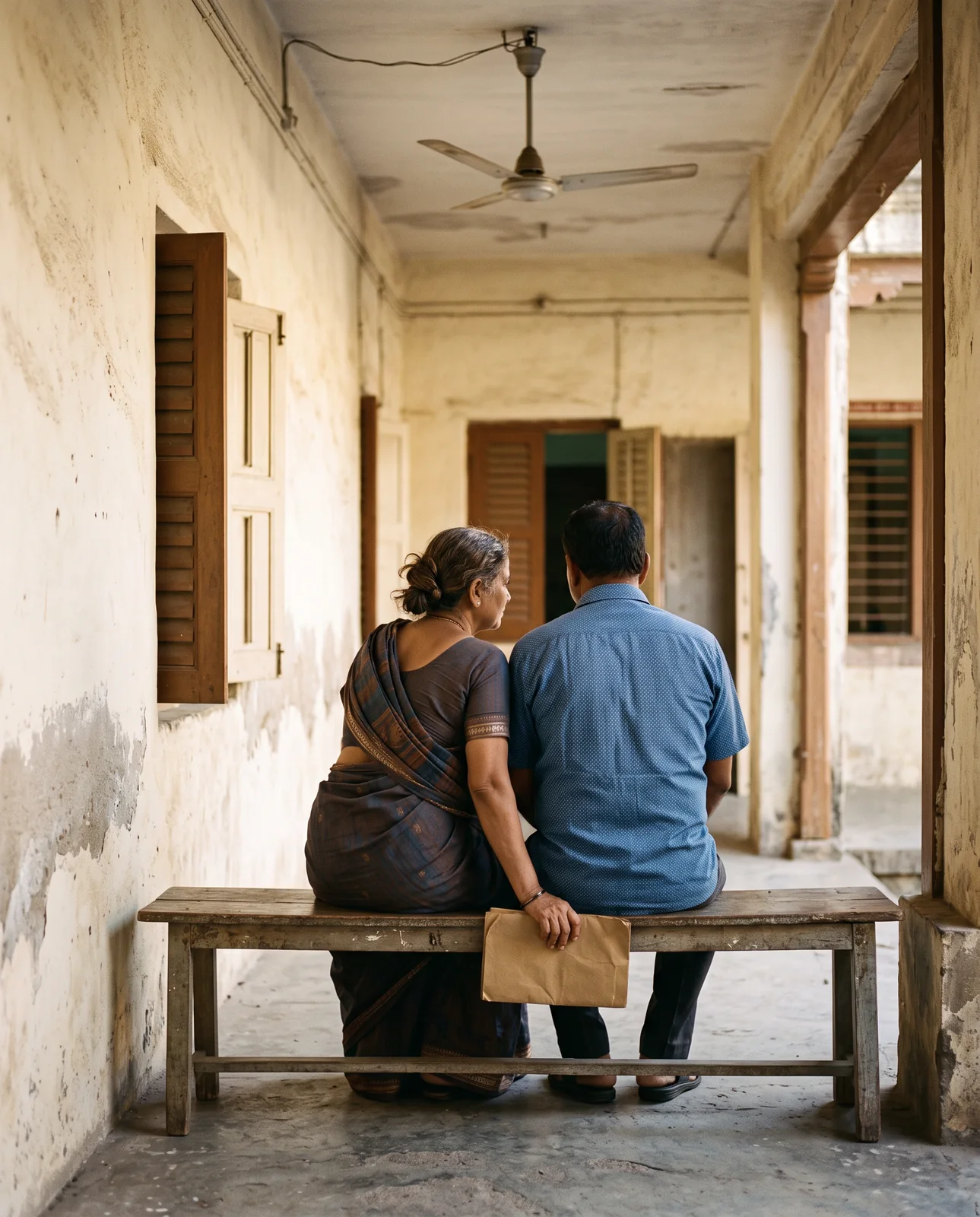 A couple sit side by side on a wooden bench in the corridor of an old government office, the woman holding a brown envelope, a ceiling fan turning above them.