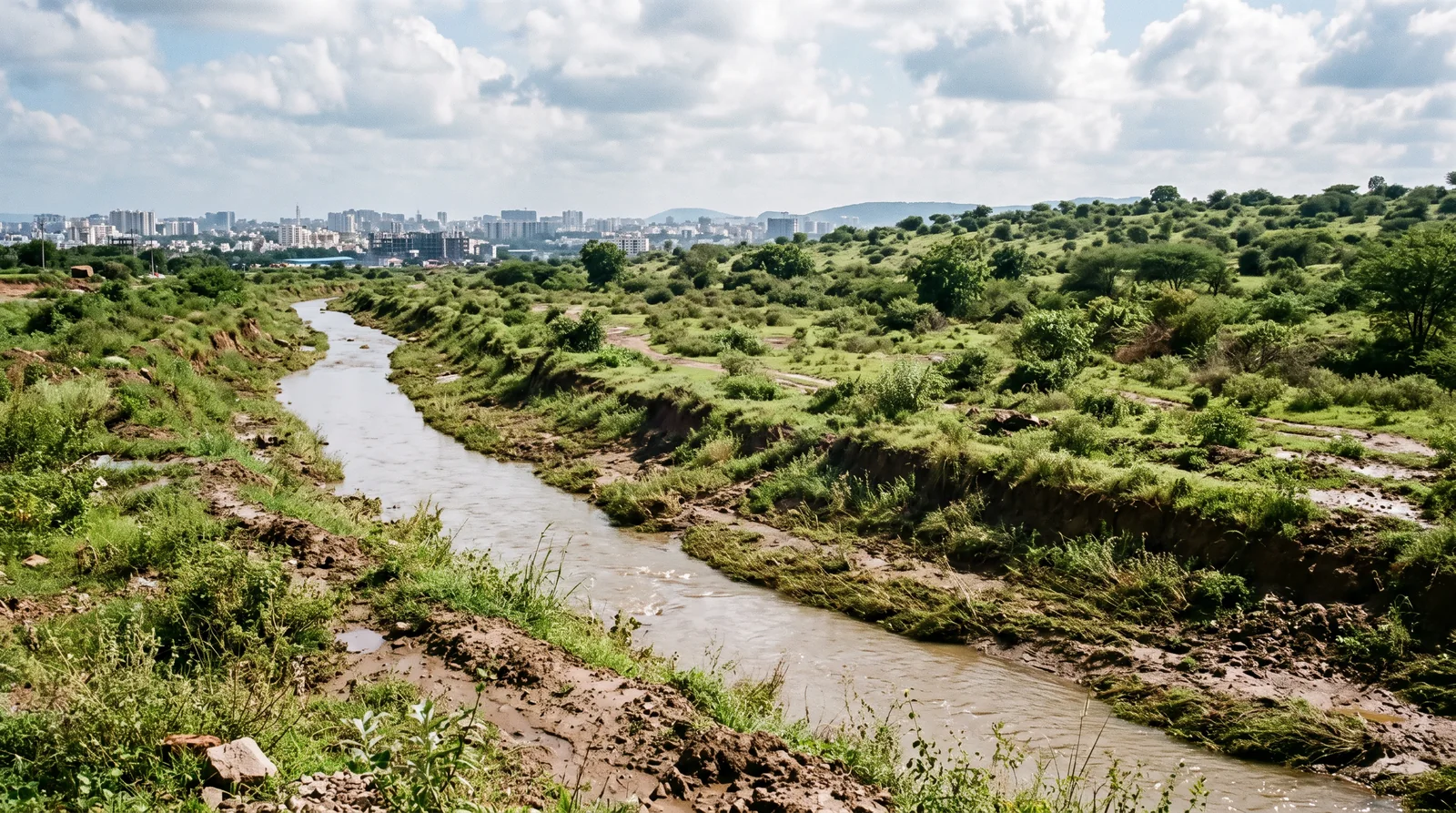 A muddy stream runs fast between steep, eroded earth banks through green scrub, with the houses of a village along the horizon under storm clouds.