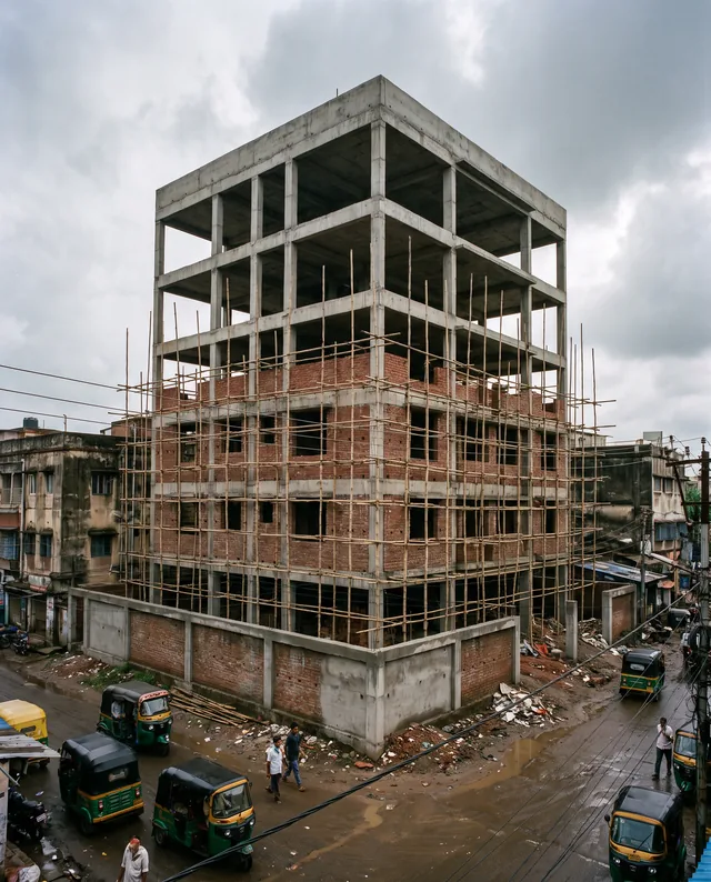 A bare concrete frame of a five-storey building, half clad in brick and wrapped in bamboo scaffolding, stands over a wet street of auto-rickshaws under a grey sky.